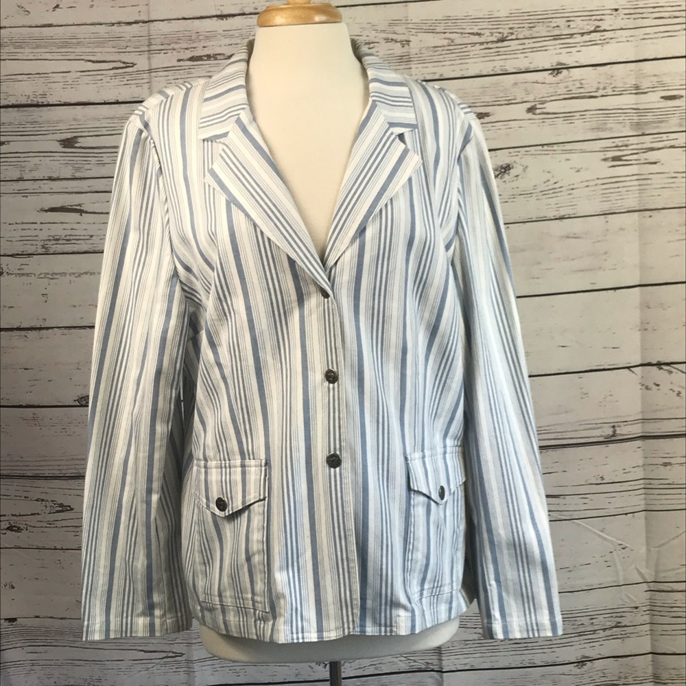Blue White Striped Duck Head Cotton Spandex Blazer Jacket Large